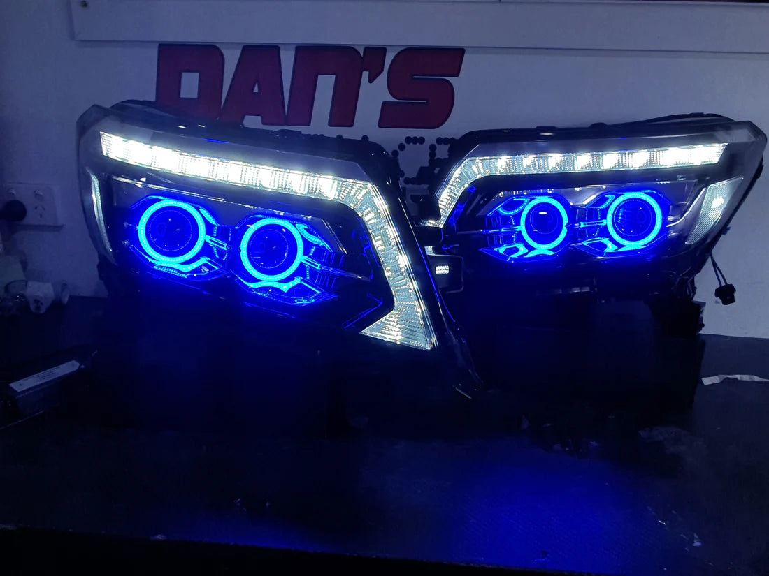 Nissan Navarra NP300 ST/STX RX/DX Quad Projector Headlights with Quad RGB Halorings (OPTION TO UPGRADE LED DRL TO CHASING RGBWA)