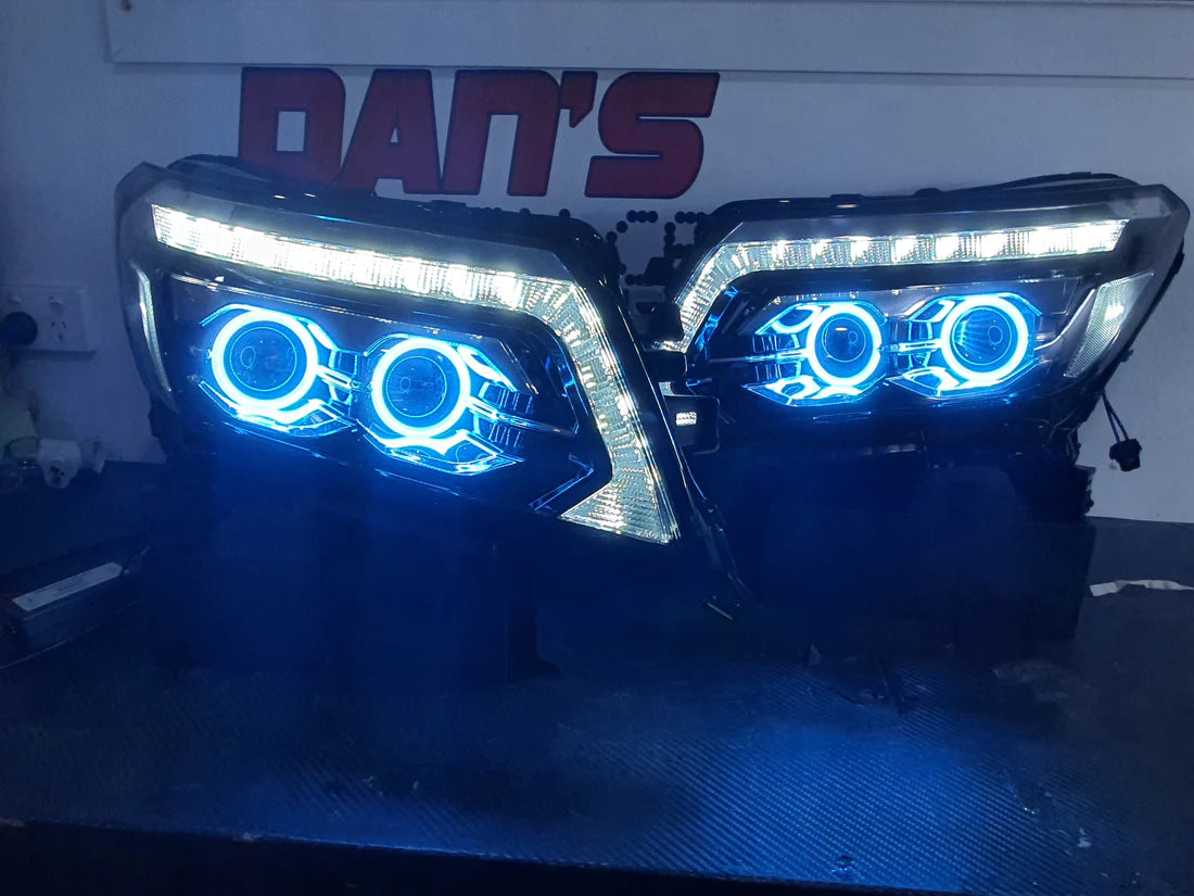 Nissan Navarra NP300 ST/STX RX/DX Quad Projector Headlights with Quad RGB Halorings (OPTION TO UPGRADE LED DRL TO CHASING RGBWA)