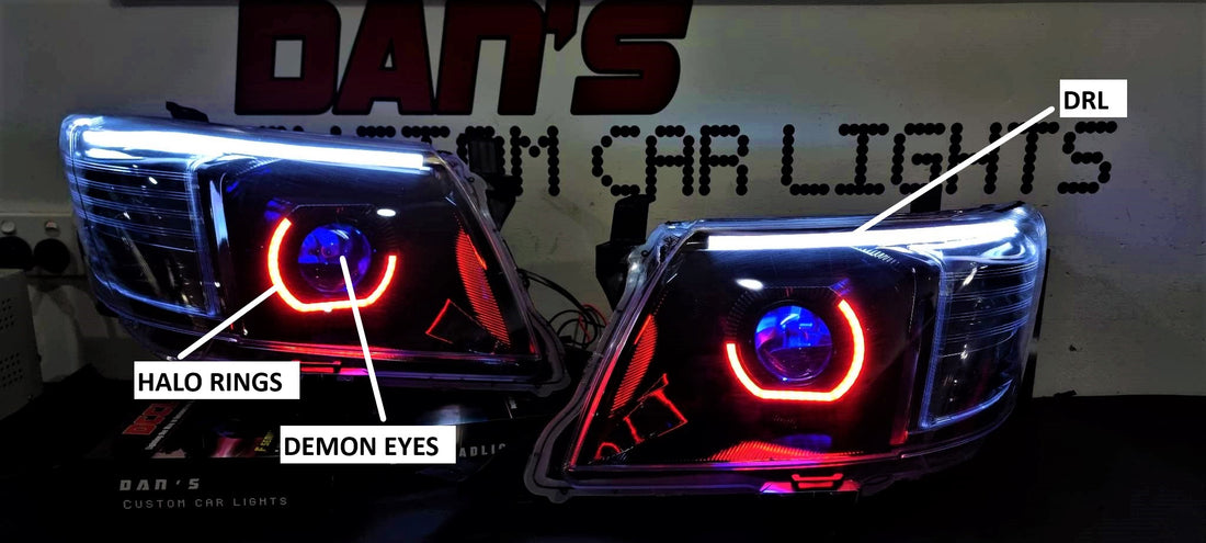 Toyota Hilux N70 2005-14 Headlights with Bi LED Projectors, Chasing Multi Colored Halo Rings DRL, Option to add LED DRL Indicator Strip and Demon Eyes