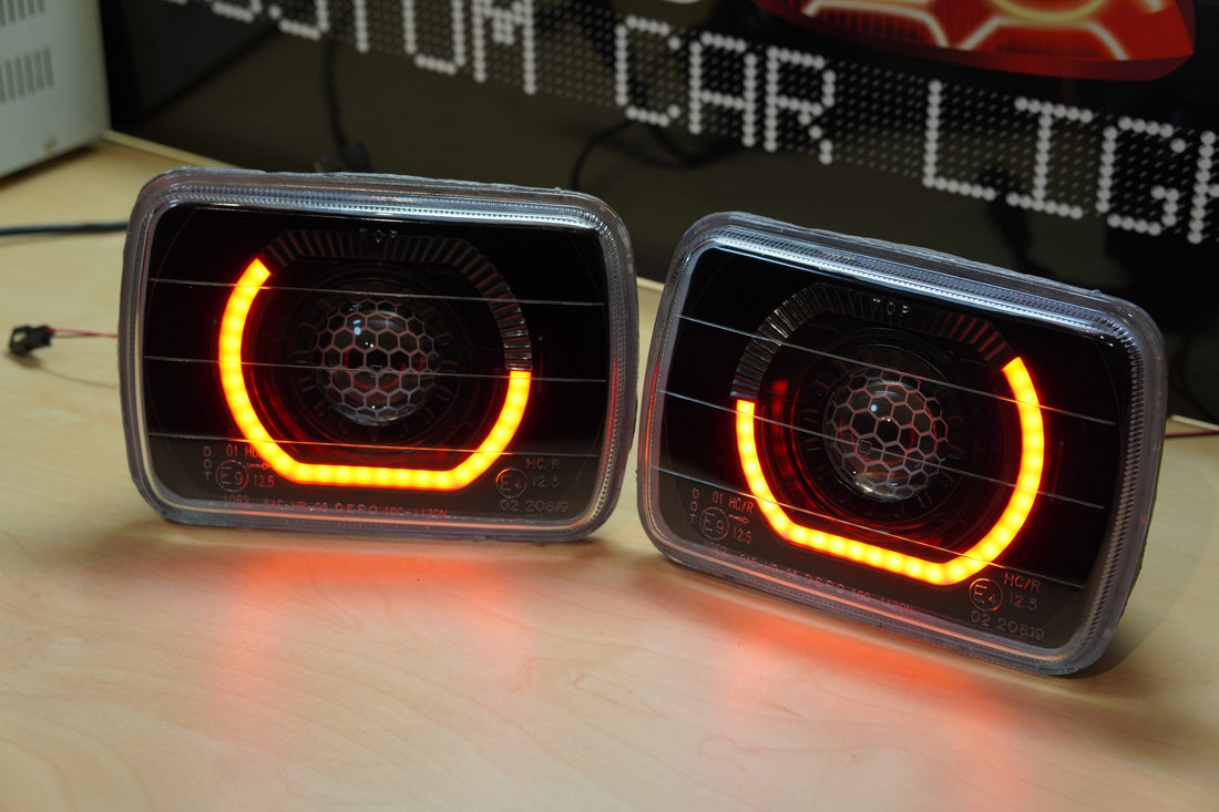 UNIVERSAL 5X7" RECTANGLE HEADLIGHTS with 3/4 RGWA Halos, Projectors and Honeycomb Lens Etching