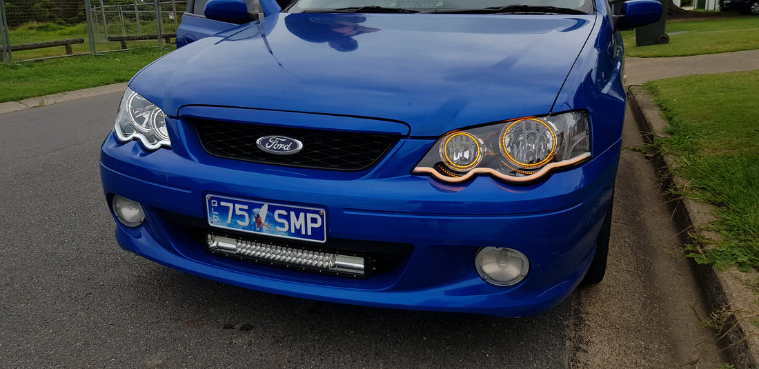 Ford Falcon BA/BF XR6/XR8 Headlights with Swithcback White/Amber Halo Rings and Switchback White/Amber DRL 