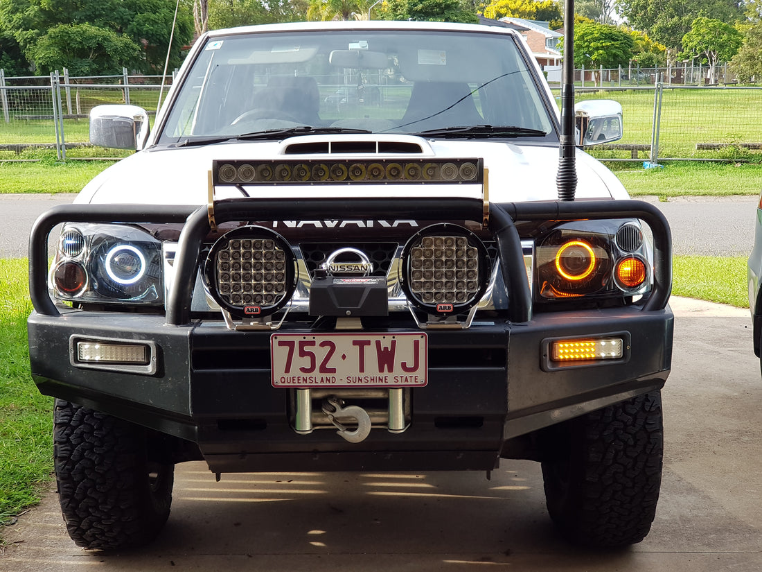 Nissan Navara D22 Headlights with White/Amber Halo Rings