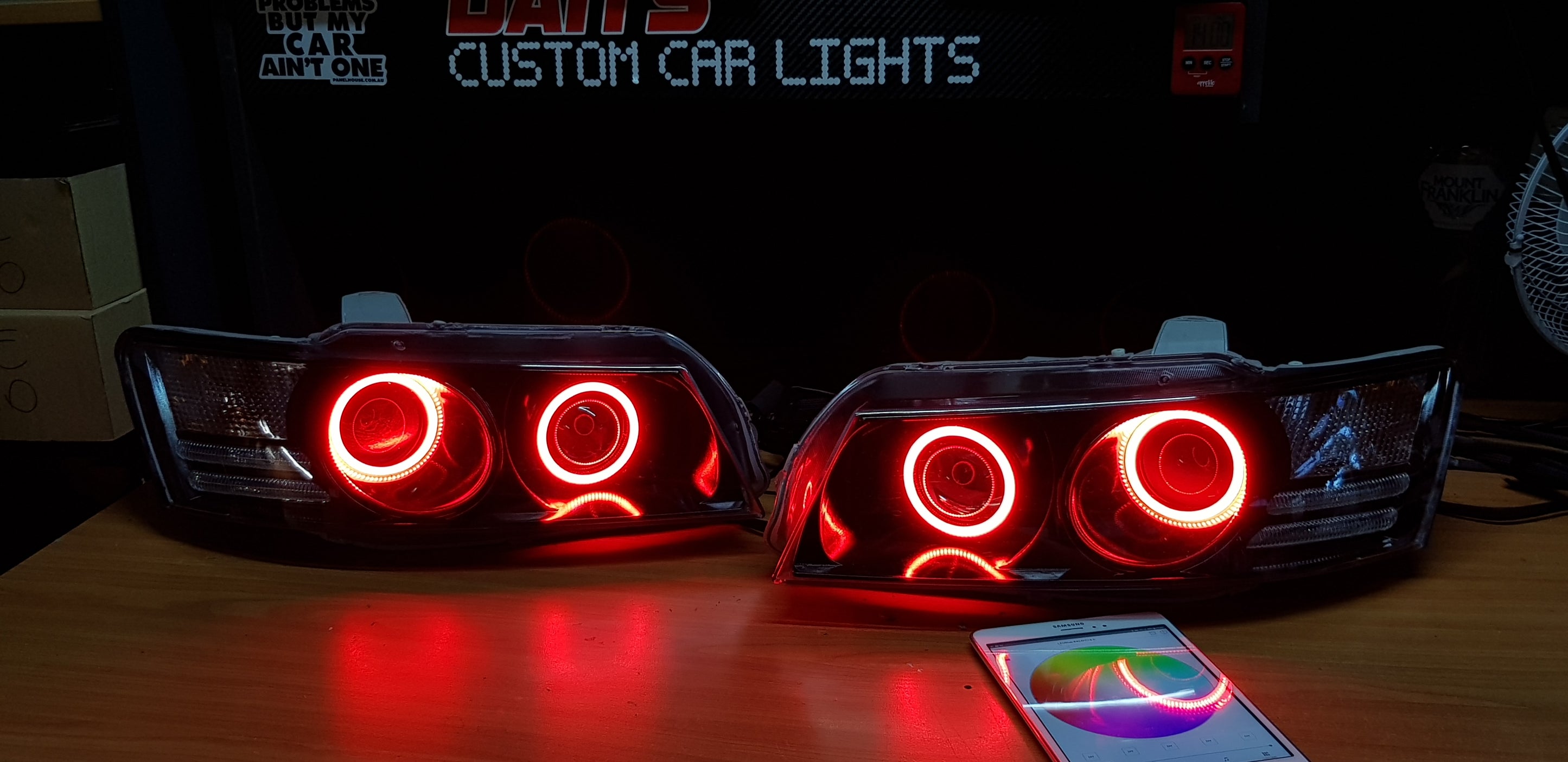 Holden VZ Commodore Projector Headlights with Multicolored Halo Rings