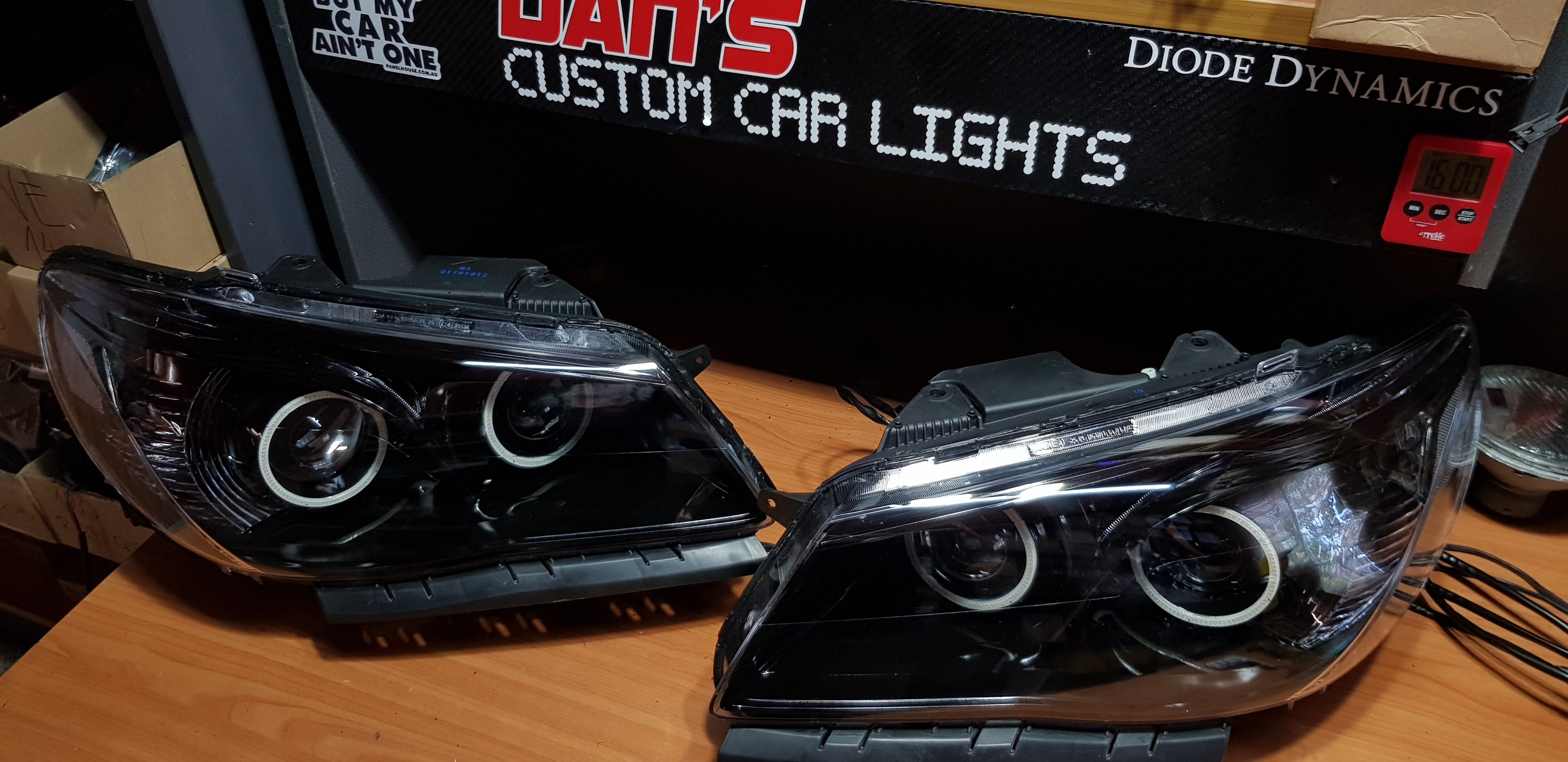 Holden VF Commodore Headlights w/ LED Projectors and Multicoloured Hal