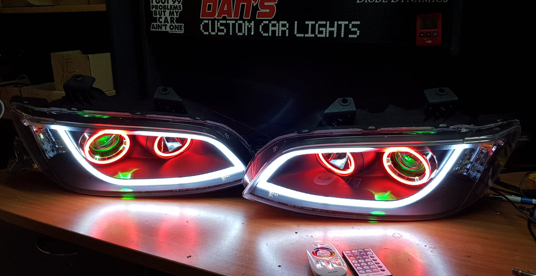 Holden VE Commodore S1/S2 DRL Style Headlights with Multicoloured Halo Rings and Demon Eyes