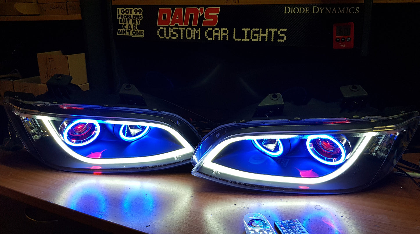 Holden VE Commodore S1/S2 DRL Style Headlights with Multicoloured Halo