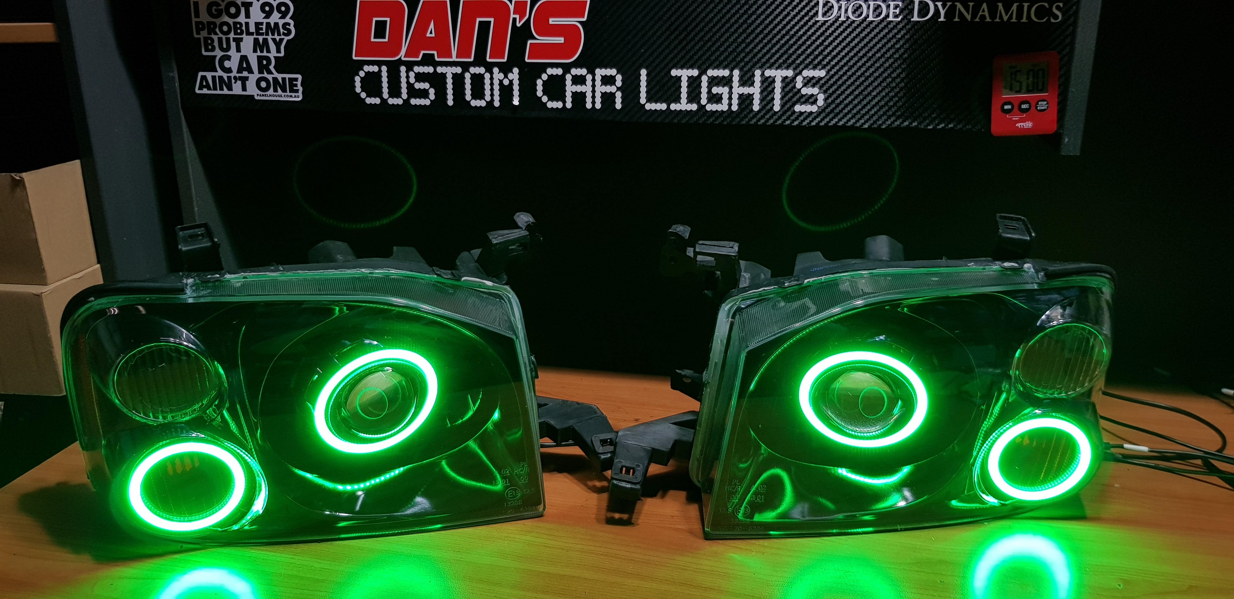 Nissan Navarra D22 Headlights with Quad Multicoloured Halo Rings Dan