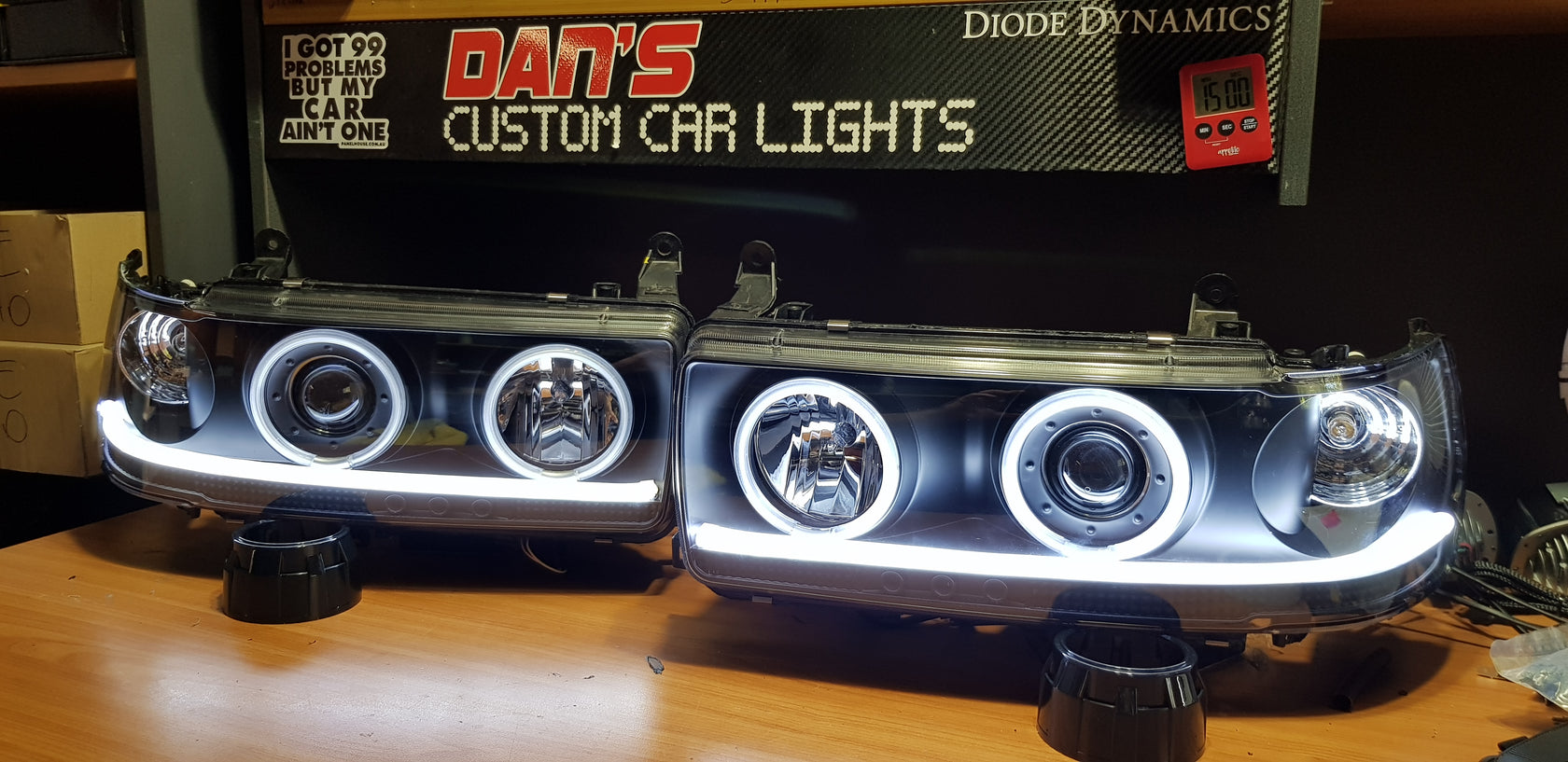 Toyota Landcruiser 80 series Headlights with Quad Multicoloured Halorings & DRLS Dan