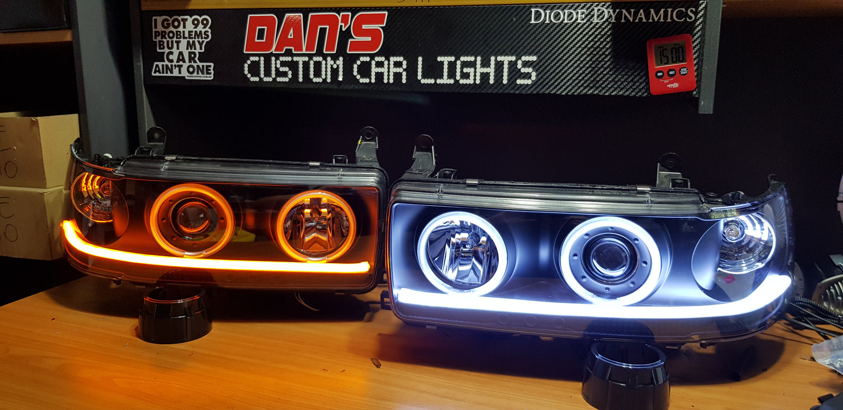 Toyota Landcruiser 80 series Headlights with Quad Multicoloured Halorings & DRLS Dan