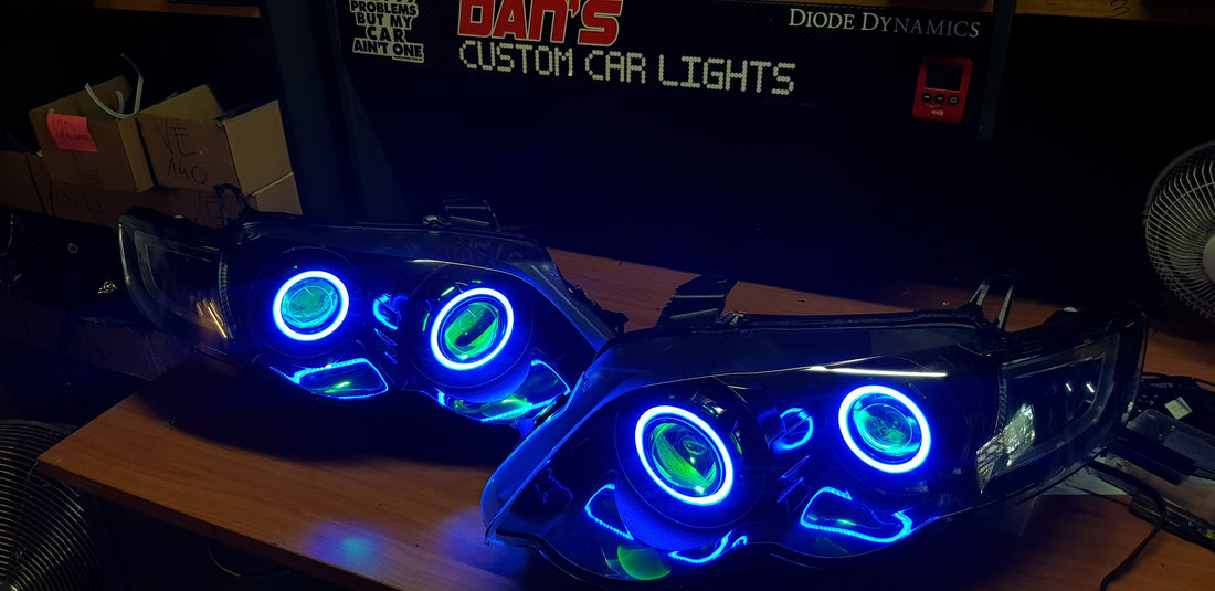 Ford Falcon FG XR6/XR8 MK1/MK2 Headlights with Quad Projectors, Quad RGB Multicolored Halos & Quad RGB Multicolored Demon Eyes