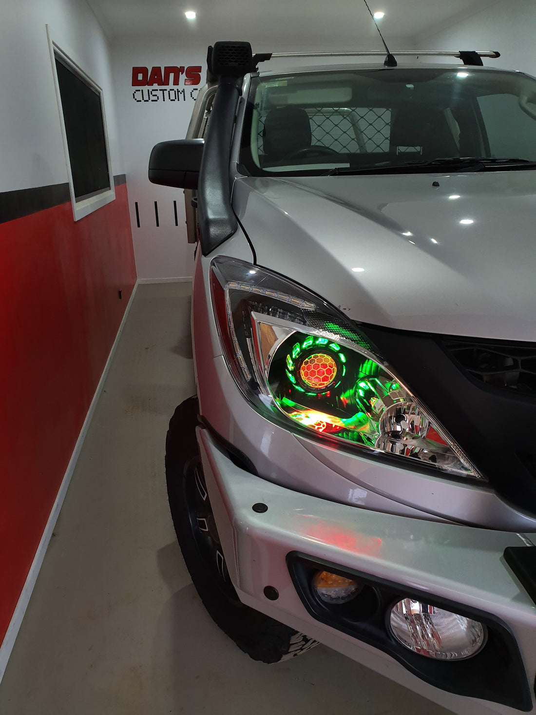 Mazda BT 50 UP 2011-2015 with Turbineshroud Multicolored Halo Rings, Demon Eyes & Honeycomb Lens Etching - Dan's Custom Car Lights 