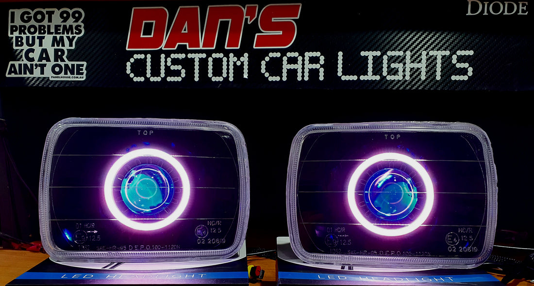 Universal 5x7" Rectangle Headlights Fitted with Bi Projectors, Multiciolored Halo Rings, Multicolored Demon Eyes & Full blacking out