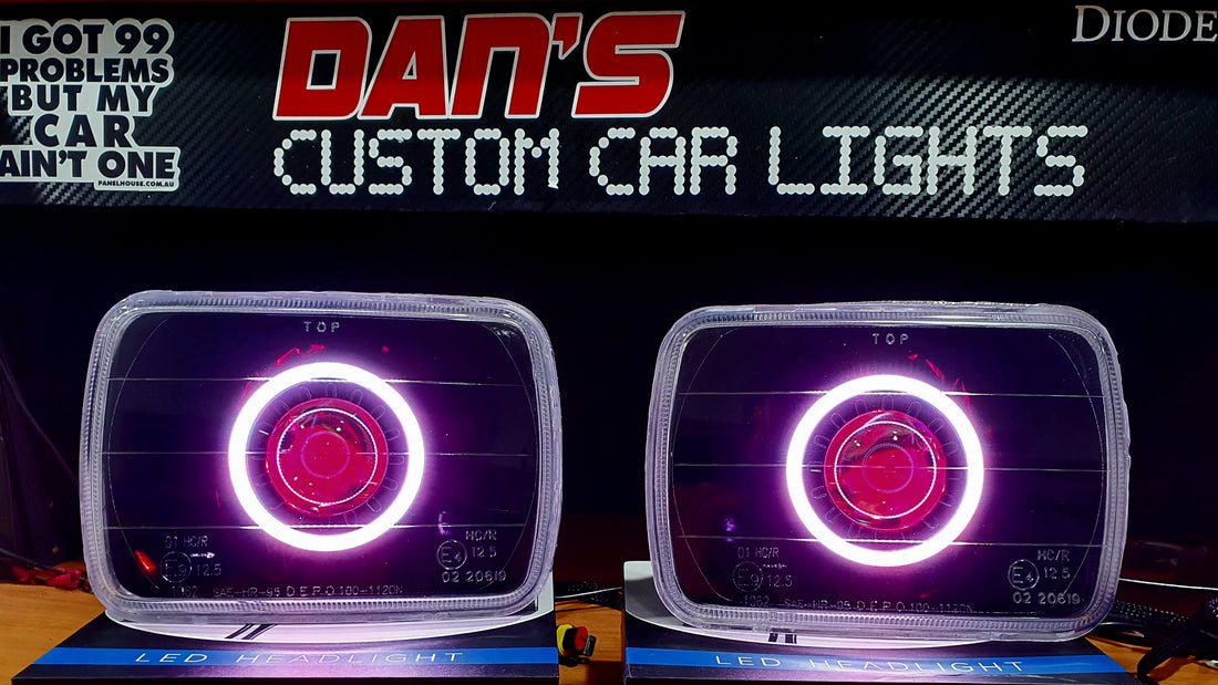 Universal 5x7" Rectangle Headlights Fitted with Bi Projectors, Multiciolored Halo Rings, Multicolored Demon Eyes & Full blacking out