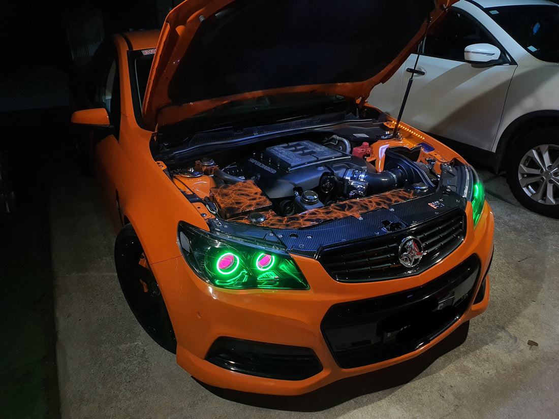 Holden VF Commodore Headlights with Quad Projectors, Blacking out, Multicolored Halo Rings and Demon Eyes