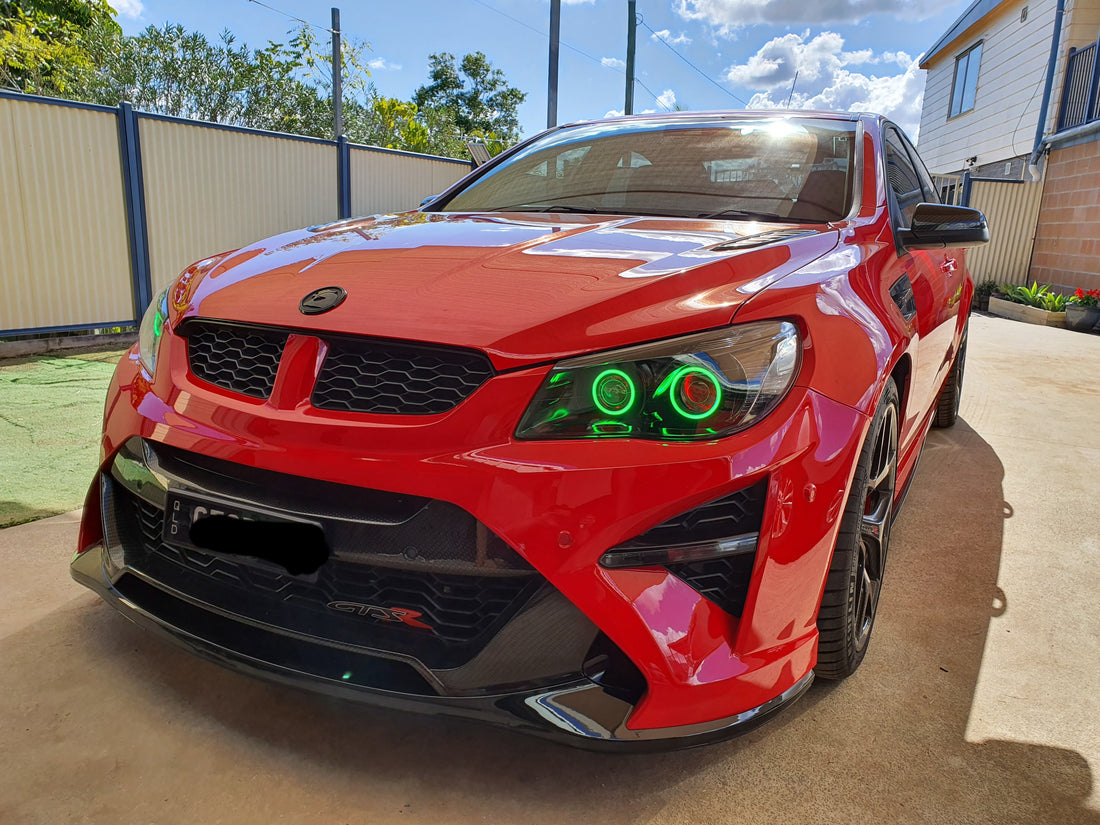 Holden VF Commodore Headlights with Quad Projectors, Blacking out, Multicolored Halo Rings and Demon Eyes