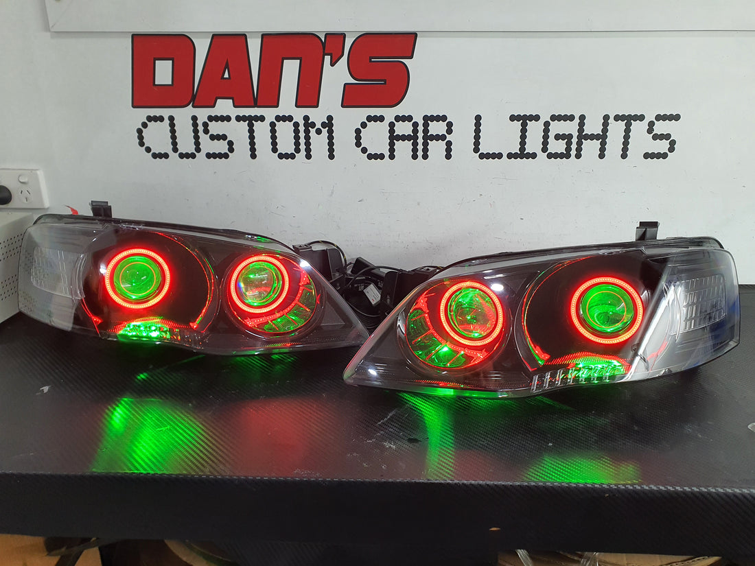 Ford Falcon BF MK2 with Quad Projectors, Quad Multicolored Halo Rings and  Multicolored Demon Eyes - Dan's Custom Car Lights 