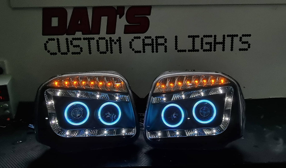 Suzuki Jimny SN 99-18 DRL Projector Headlights with Multicoloured Quad Halo rings Option to add Projector Lens Etching